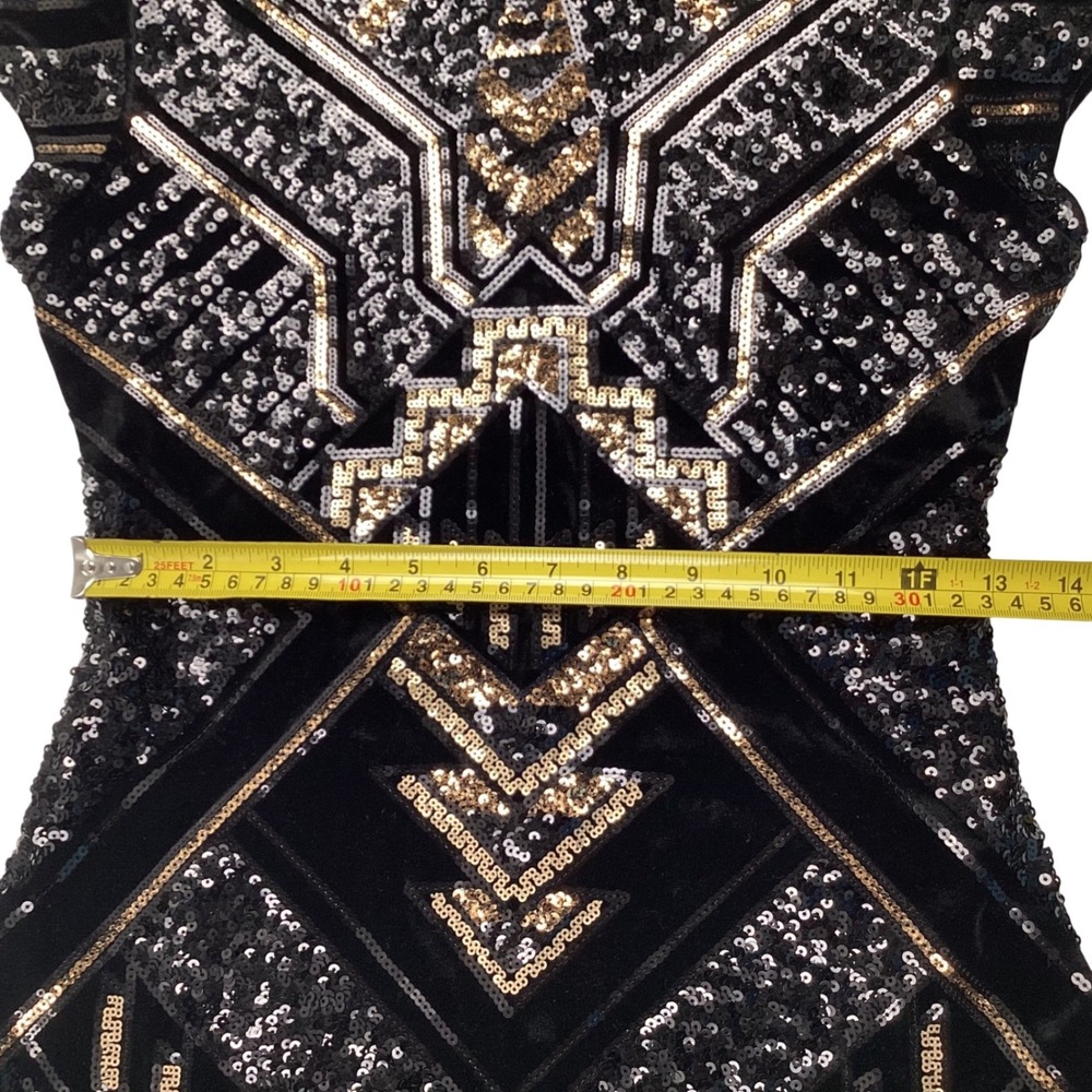 Express Womens Black Velvet Sequin Art Deco Mini‎ Dress Gold Silver XS XS/TP - Picture 5 of 9